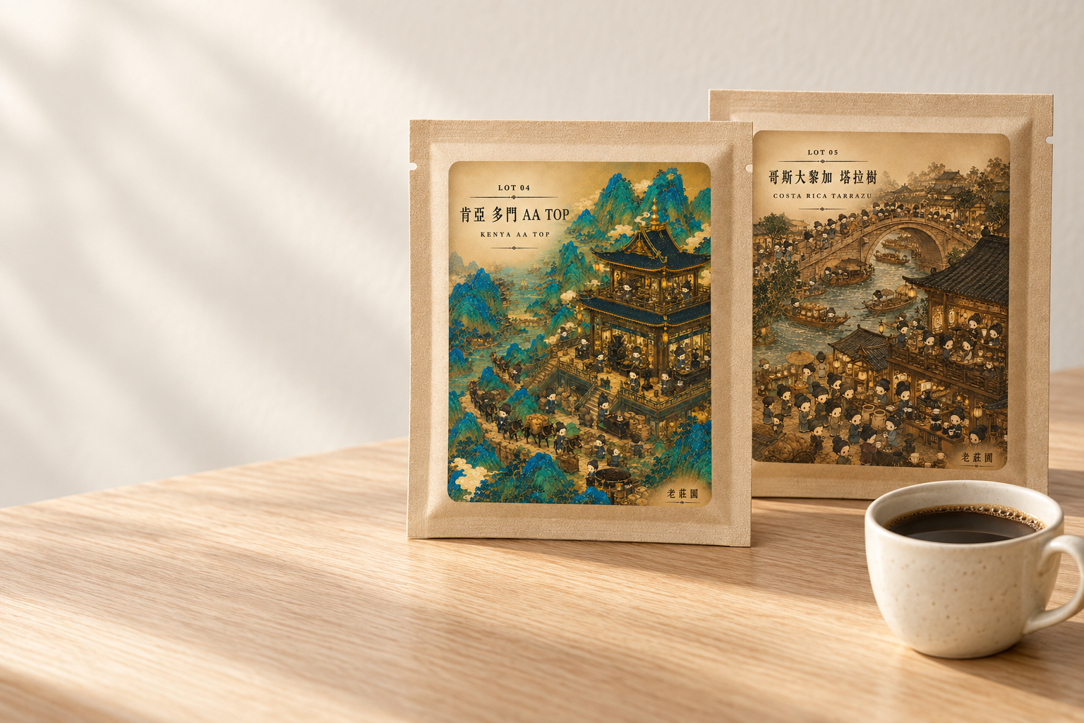 Kenya Dorman and Costa Rica Tarrazú drip bags beside a coffee cup