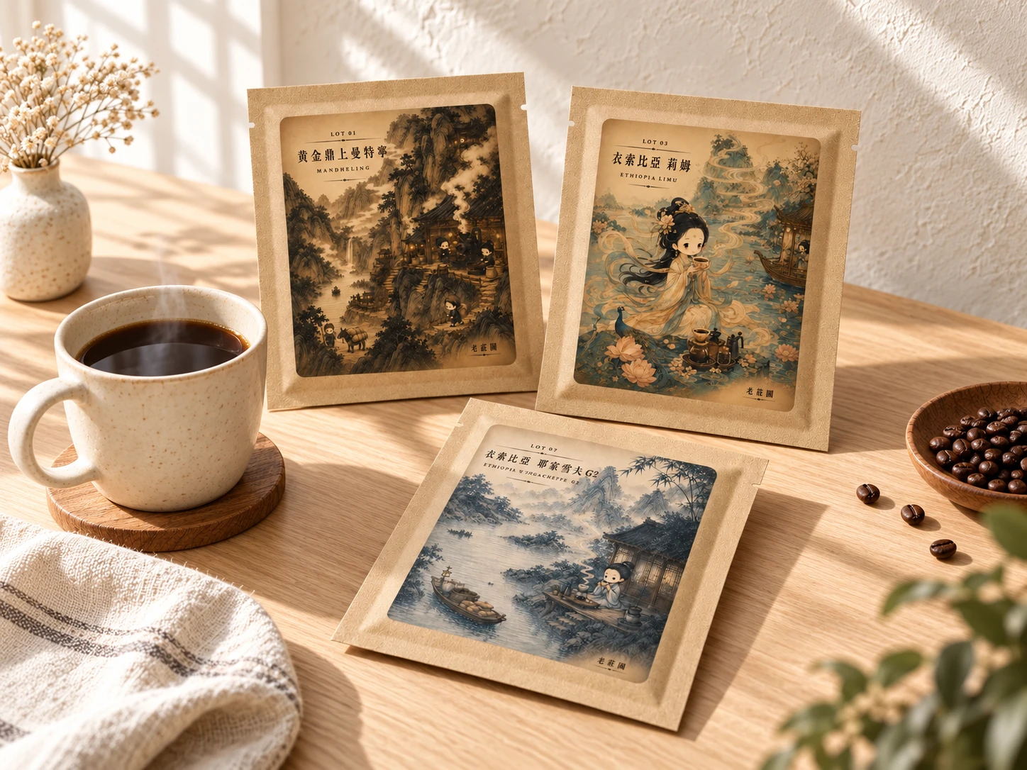 三款老莊園濾掛與咖啡杯的晨光情境示意
